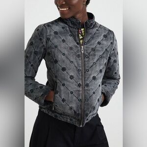 Desigual Fitted Dark Gray Embroidered Sequin Jean Jacket Size 44/US 12 NWT